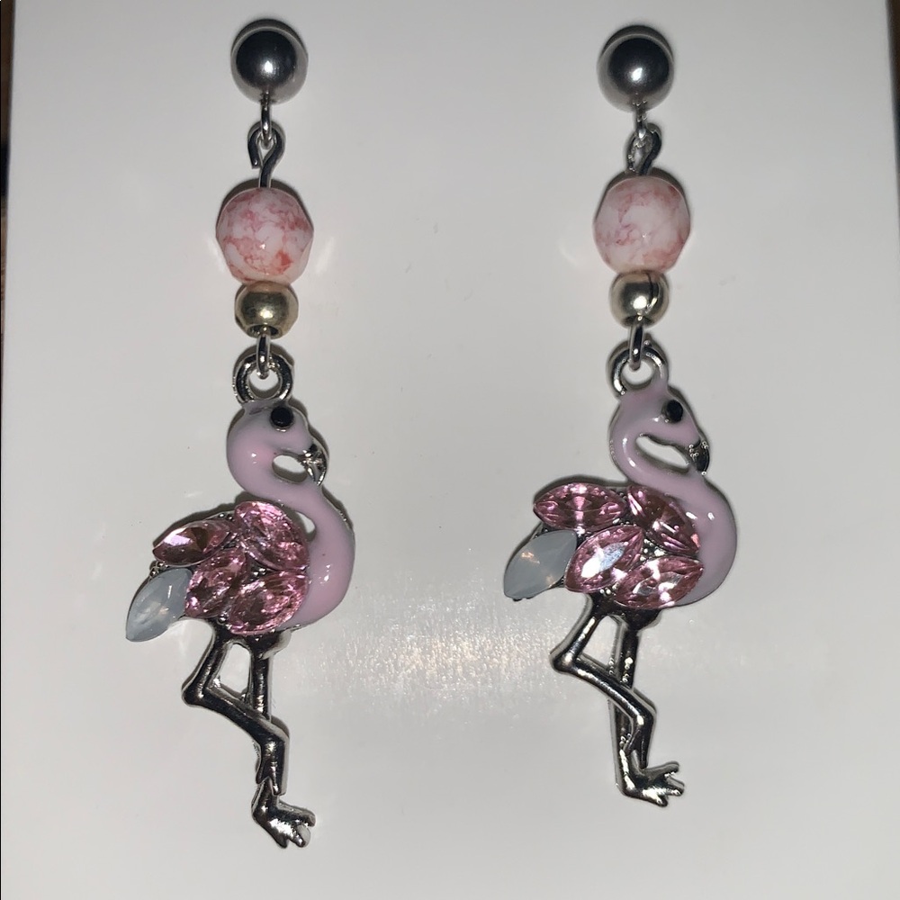 Pink Flamingo Dangle Stainless Steel Stud Post Earrings for pierced ears